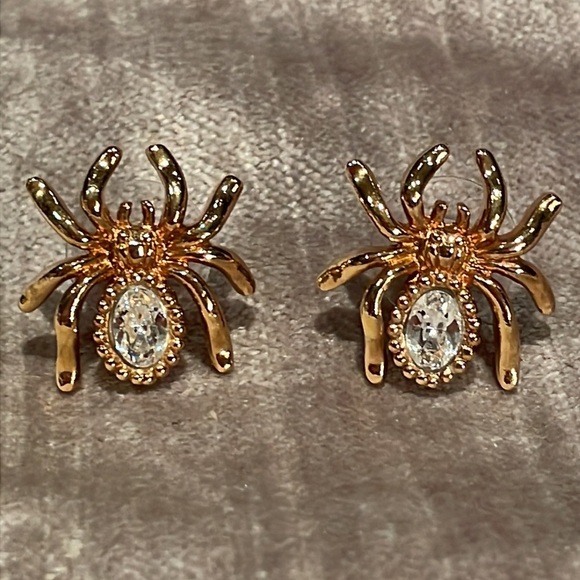 Vintage Avon Gold Spider Earrings CZ Diamond - Picture 3 of 5